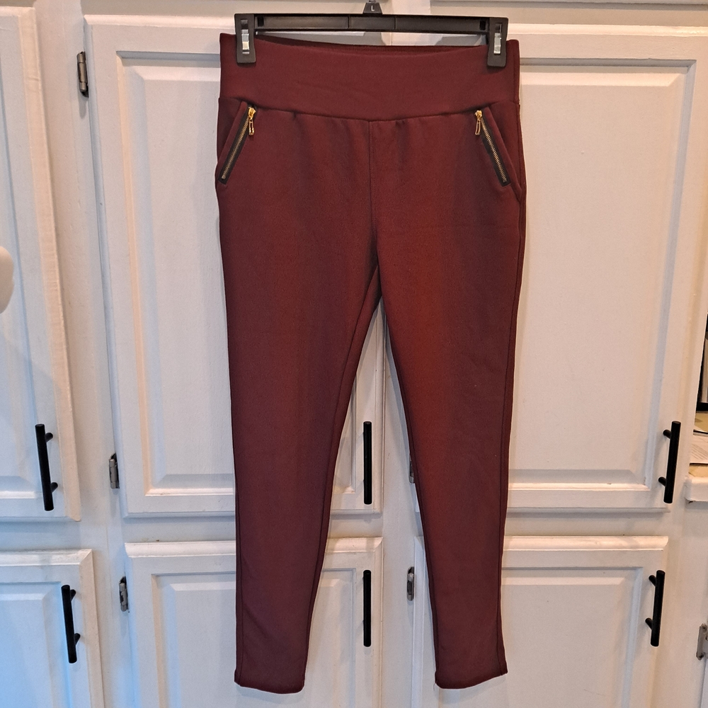 Charlotte Russe Burgundy Skinny Stretch Pants W/Pockets And Wide Comfort Waist
